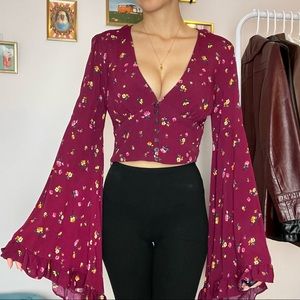 FOREVER21 Maroon Floral Flared Sleeve Crop Top